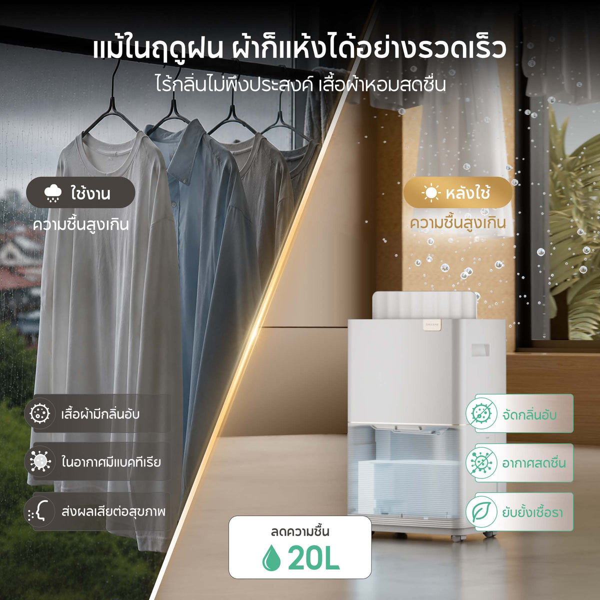 Dreame DD20 Dehumidifiers เครื่องลดความชื้น ควบคุมความชื้นอัจฉริยะ ฆ่าเชื้อได้สูงสุด 99% เพื่ออากาศแห้งสบายและสุขภาพดี - Dreame Thailand