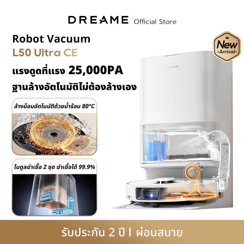 [NEW] Dreame L50 Ultra CE หุ่นยนต์ดูดฝุ่นถูพื้น ดูดแรง 25,000Pa ซักผ้าถูด้วยน้ำร้อน 80°C ล้าง อบแห้ง เติมน้ำอัตโนมัติ