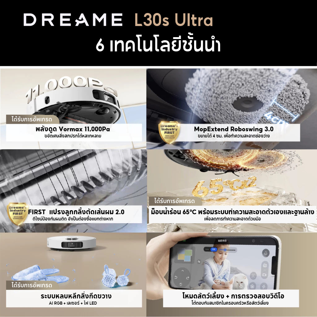 Dreame Bot L30s Ultra Robot Vacuum หุ่นยนต์ดูดฝุ่นถูพื้น ถูพื้น ซักผ้าถู อบผ้า แรงดูดสูงถึง 11,000Pa